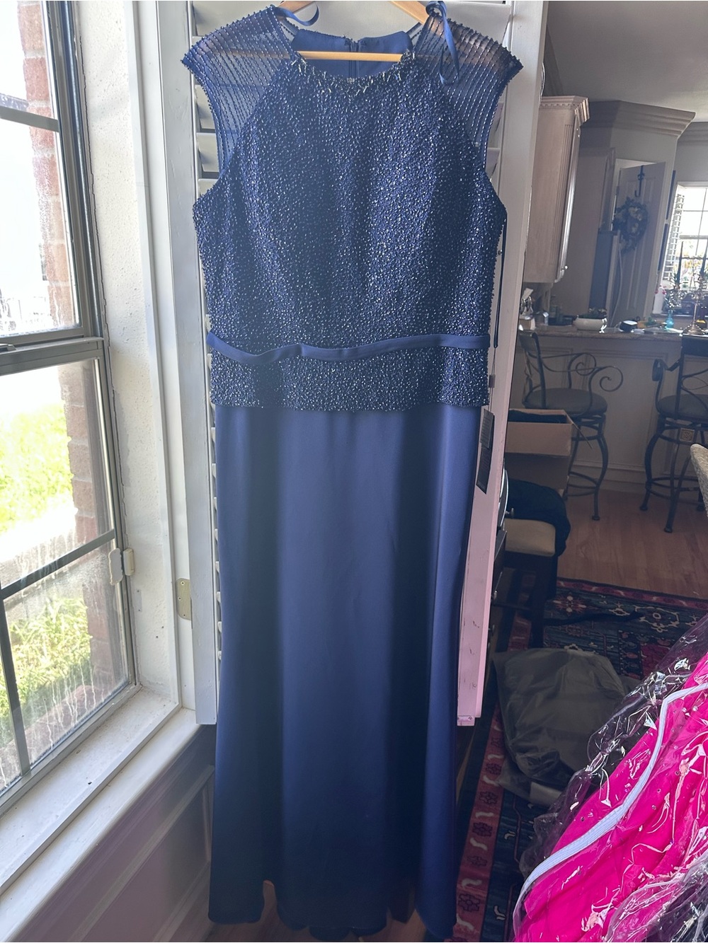 Navy Beaded Sleeveless Evening Gown